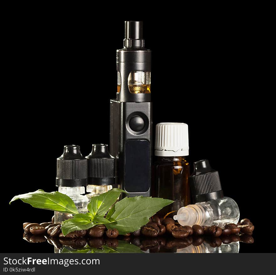 Electronic Cigarette, Bottles With Liquid For Smoking, Near Coffee Beans Isolated On Black