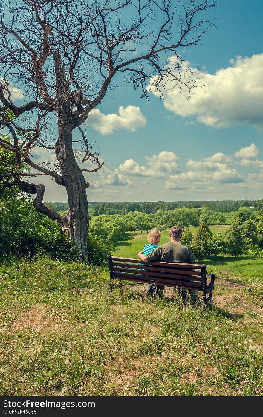 Elderly Husband And Wife Are Sitting On A Bench