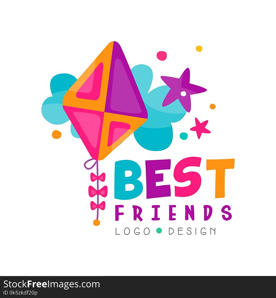 Best Friends Logo Template With Abstract Toy Kite, Cloud And Stars. Colorful Vector Design For Mobile Chat, Poster Of