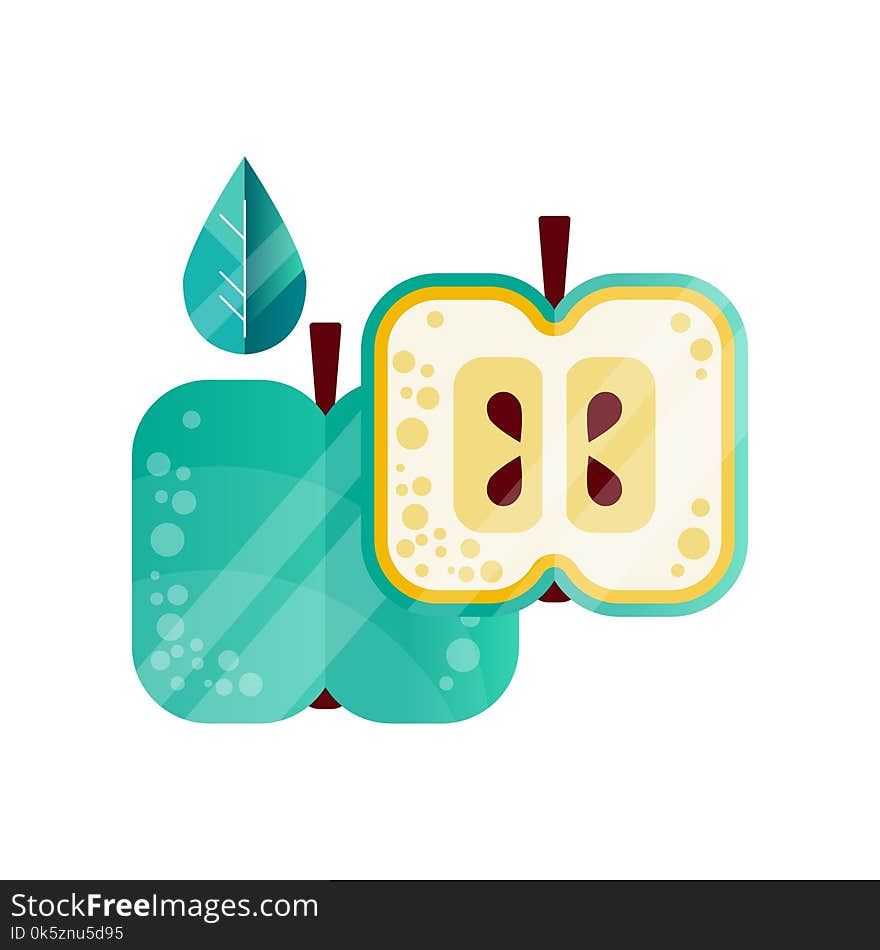 Half and whole green apple with leaf. Natural and tasty fruit. Healthy vegetarian food. Flat icon with gradient and texture. Graphic design for postcard, print or poster. Isolated vector illustration. Half and whole green apple with leaf. Natural and tasty fruit. Healthy vegetarian food. Flat icon with gradient and texture. Graphic design for postcard, print or poster. Isolated vector illustration.