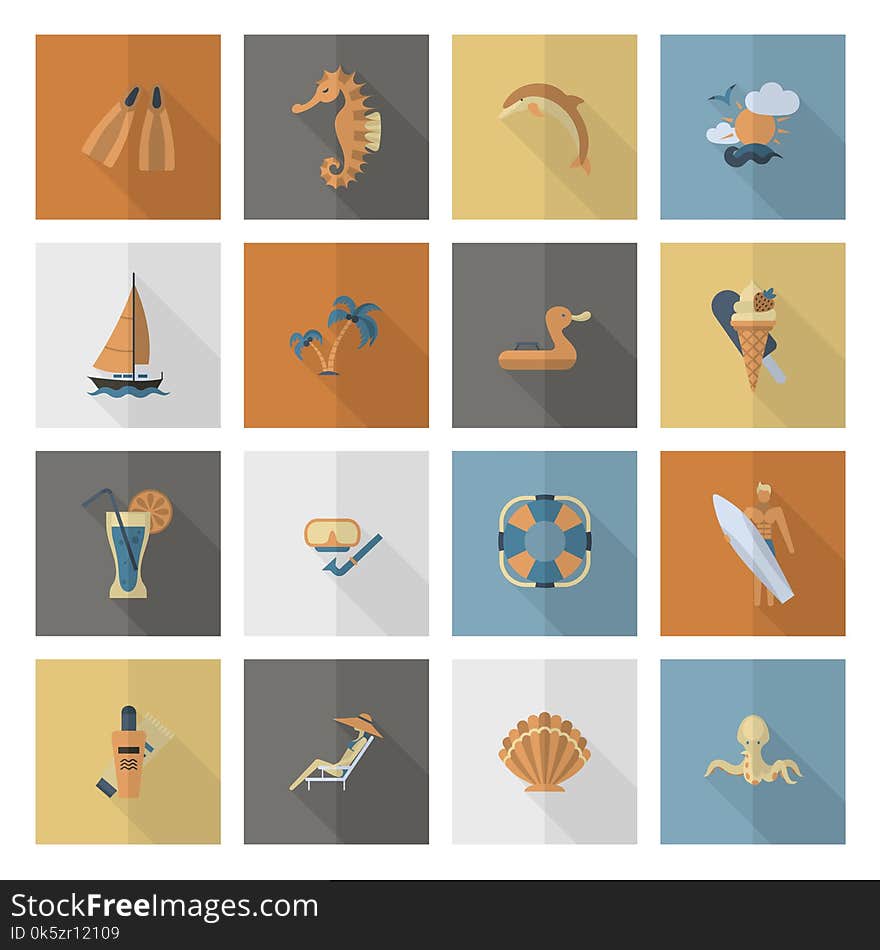 Summer and Beach Simple Flat Icons, Travel and Vacation. Vector