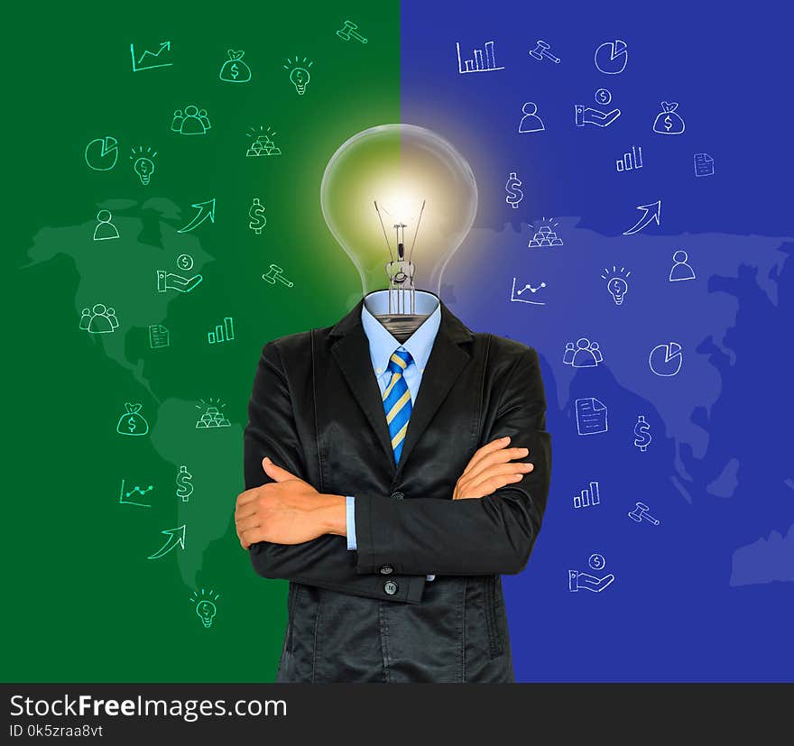 Young businessman have a head as lamp with creativity for success on map background