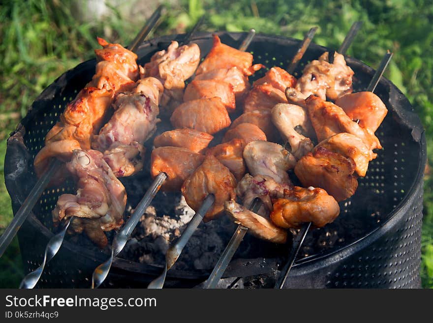 Shish kebab on skewers on grill