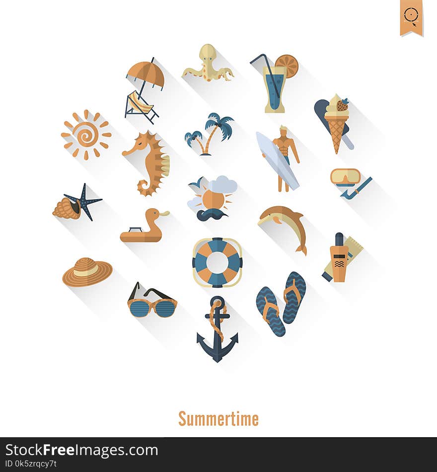 Summer and Beach Simple Flat Icons, Travel and Vacation. Vector