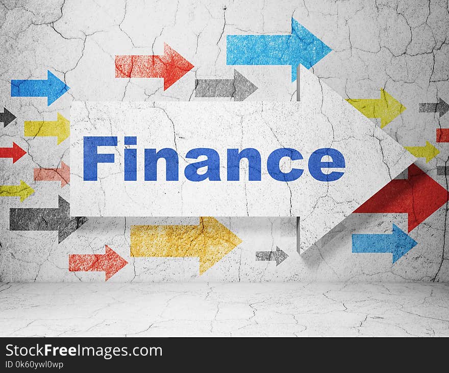 Money concept: arrow with Finance on grunge textured concrete wall background, 3D rendering. Money concept: arrow with Finance on grunge textured concrete wall background, 3D rendering