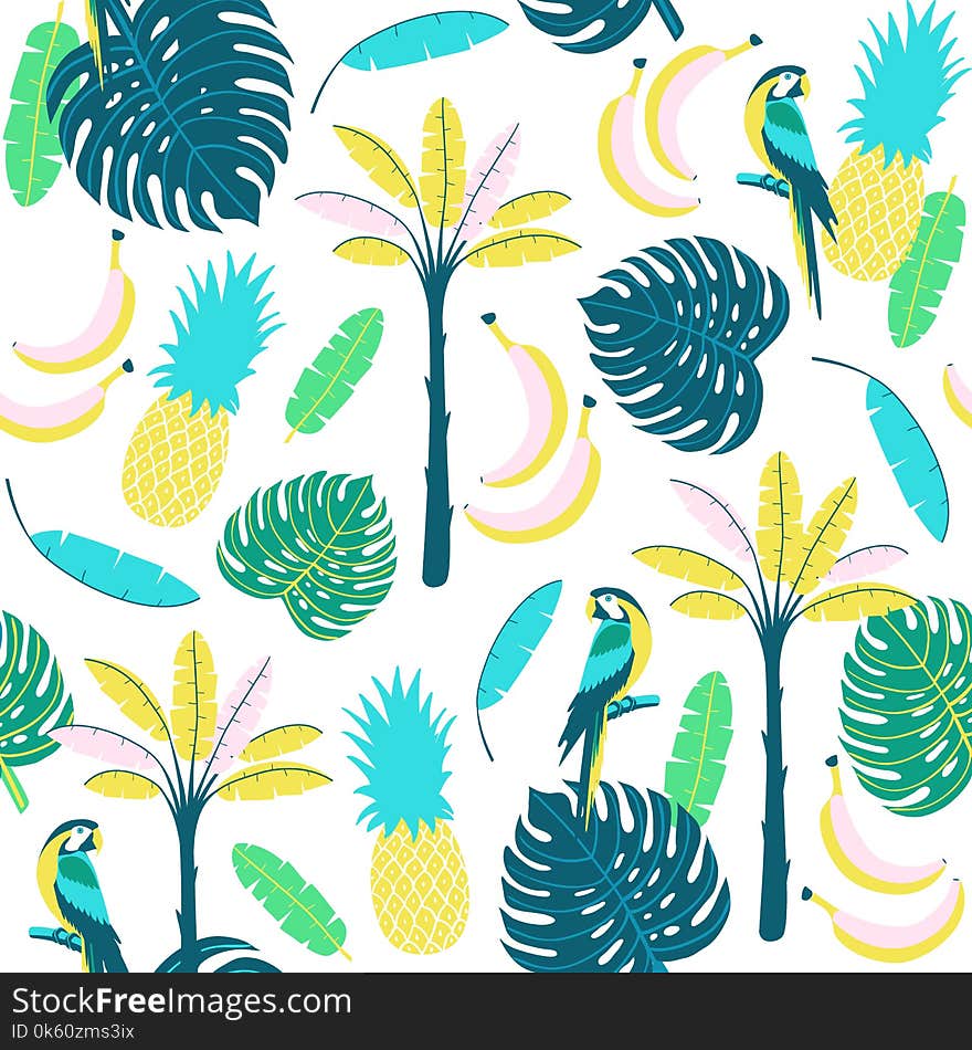 Seamless Tropical Pattern With Palm, Parrot, And Palm Leaves.