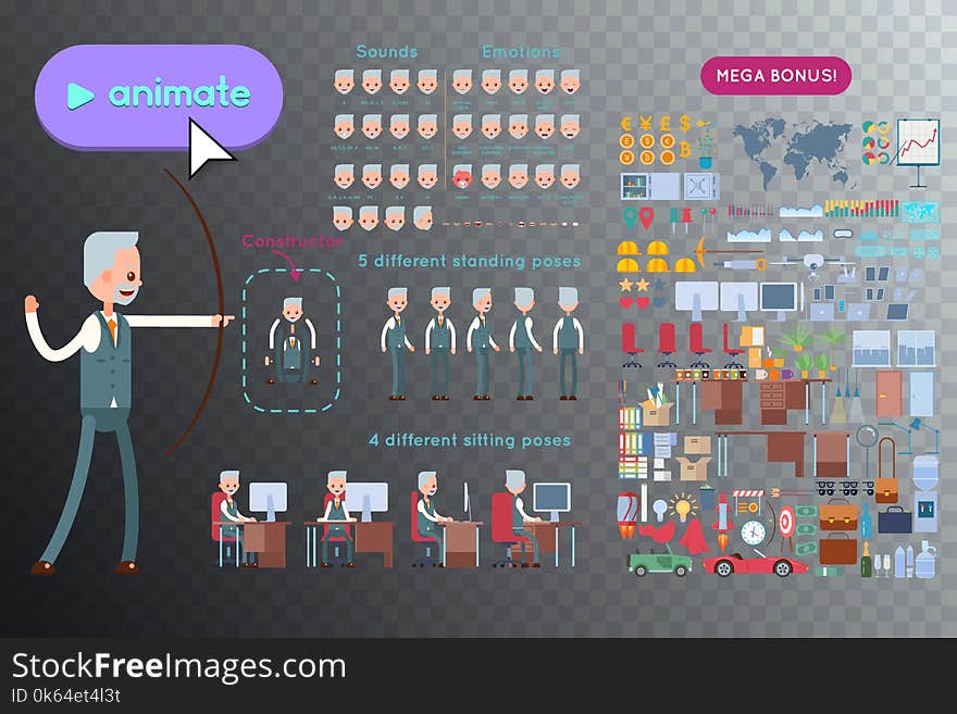 Set for animation elderly businessman character. Animation of sounds, emotions. View straight, side, back, half-turn. Body parts elements for animation. Set for interior and environment. Set for animation elderly businessman character. Animation of sounds, emotions. View straight, side, back, half-turn. Body parts elements for animation. Set for interior and environment.