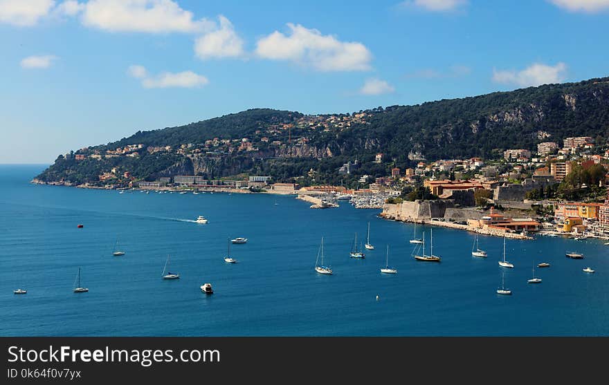 Nice French riviera, Côte d`Azur, mediterranean coast, Eze, Saint-Tropez, Cannes and Monaco. Blue water and luxury yachts.