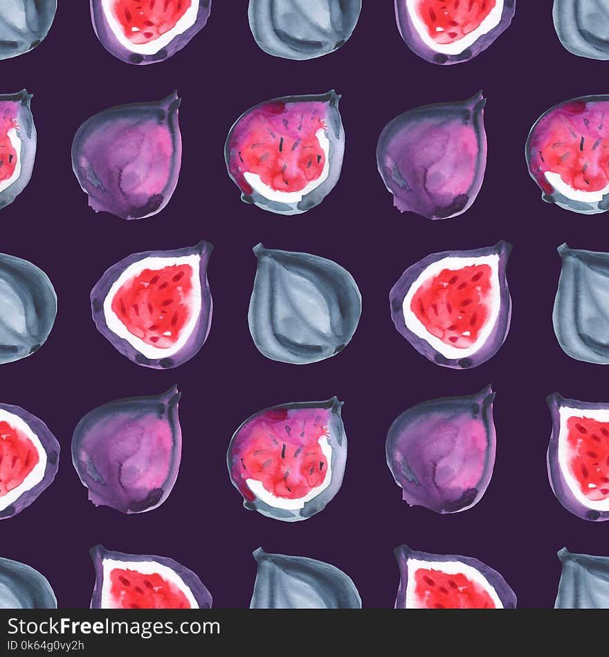 Figs. Tropical Pattern Of Exotic Fruit. Watercolor Seamless Background