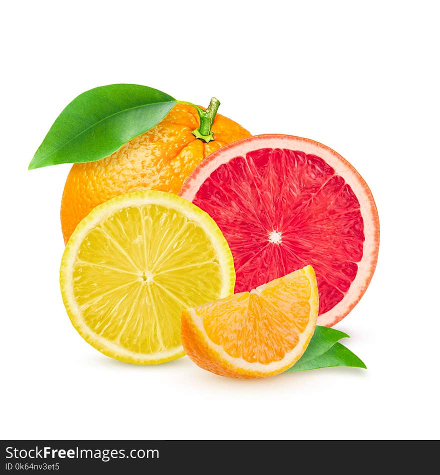 Isolated citrus fruits. Pieces of lemon, pink grapefruit and orange isolated on white background.