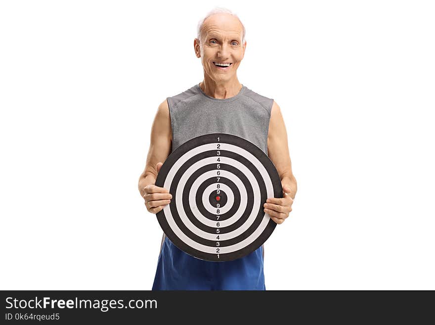 Senior in sportswear holding a target isolated on white background