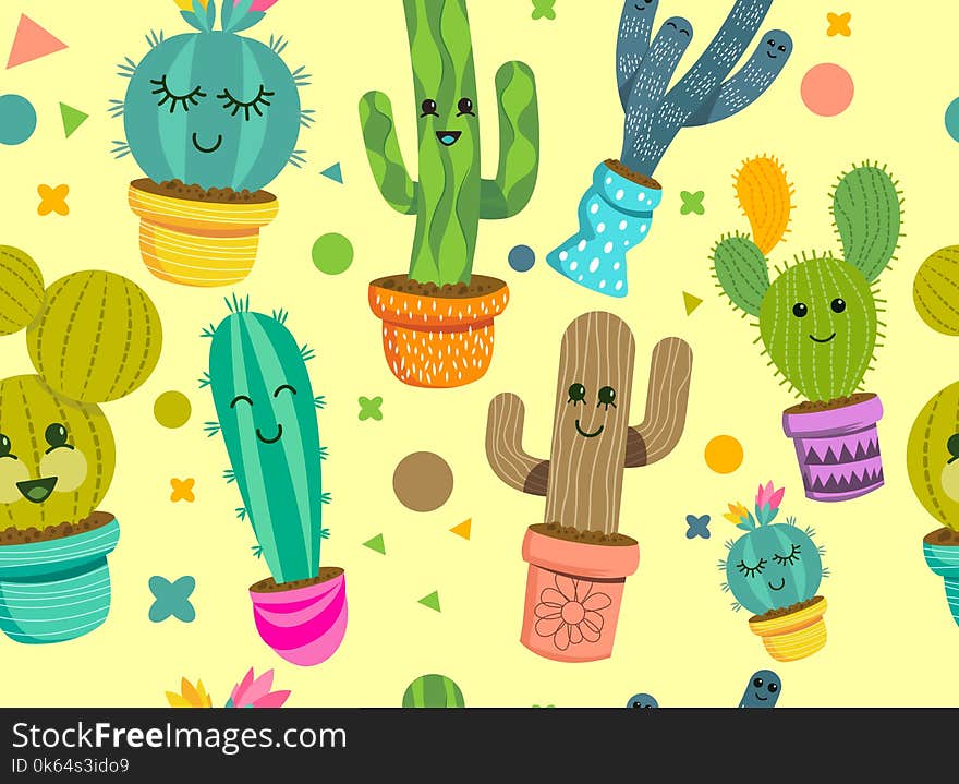 A seamless pattern of cheerful cactus plant characters with smiling faces in colourful pots. Vector illustration. A seamless pattern of cheerful cactus plant characters with smiling faces in colourful pots. Vector illustration.