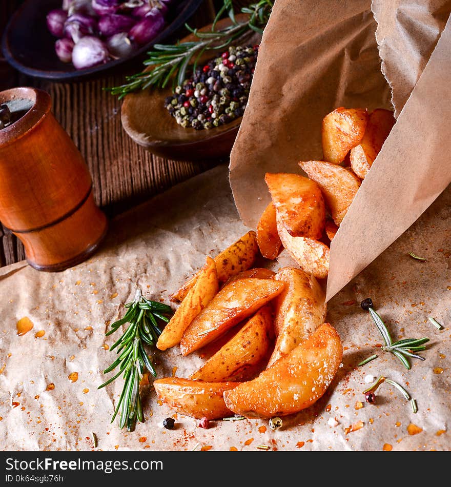 A rosemary Potato wedges from the oven