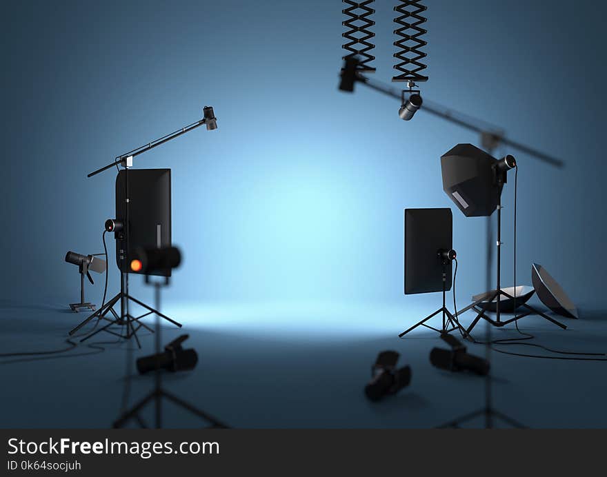 An empty blue photography studio with lighting equipment. 3D illustration. An empty blue photography studio with lighting equipment. 3D illustration