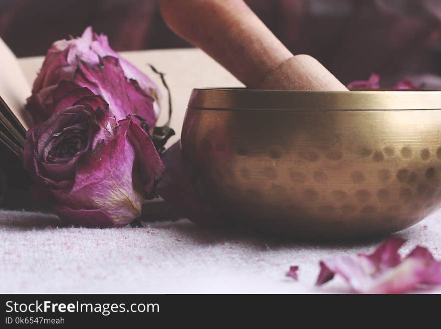 Singing Tibetan yoga bowls. Purple flower and little Book