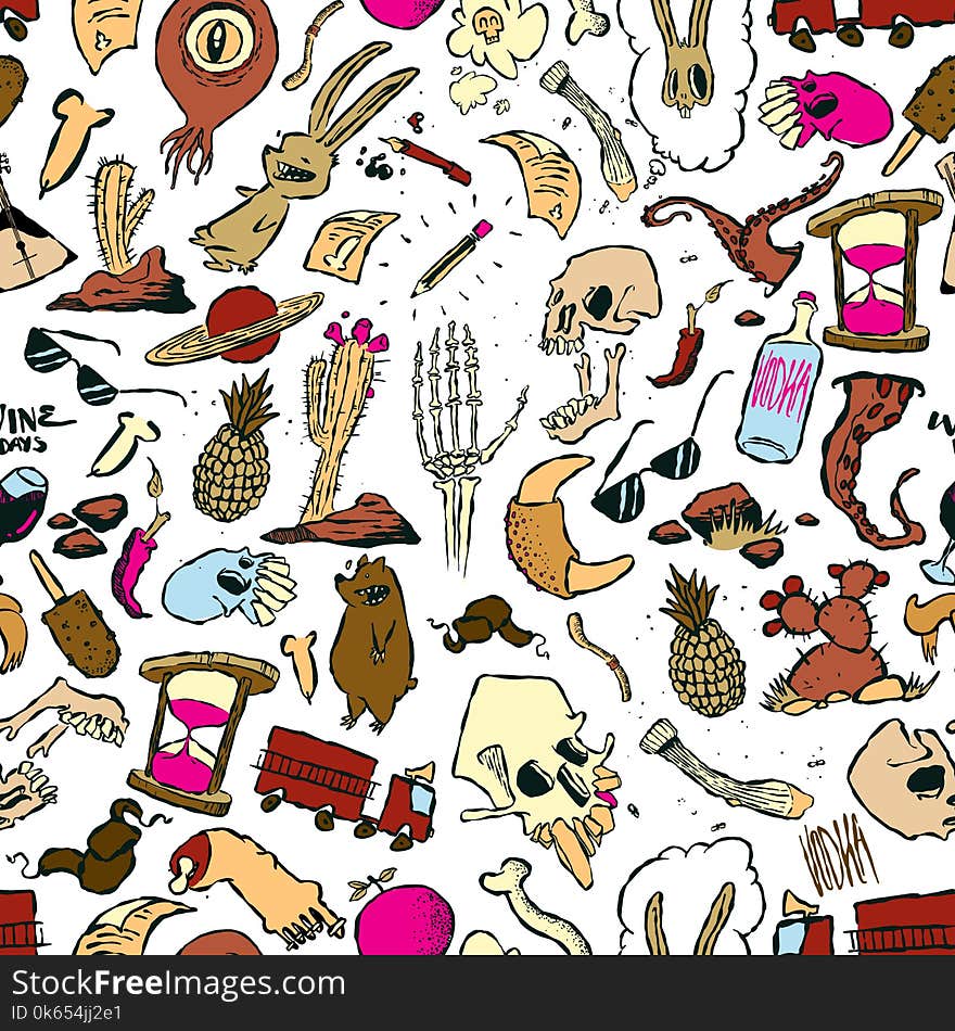 Seamless pattern of random doodles laid out on white background. Includes animals, skulls and bones, plants and other random objects. Seamless pattern of random doodles laid out on white background. Includes animals, skulls and bones, plants and other random objects