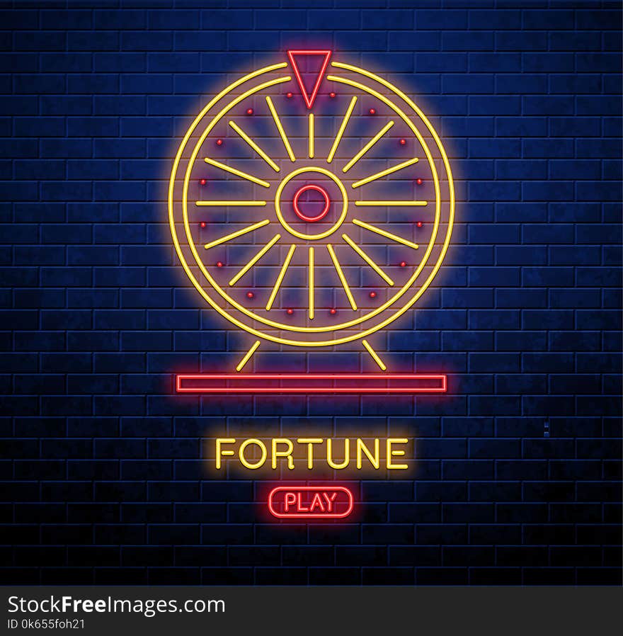 Fortune neon button play isolated on brick wall