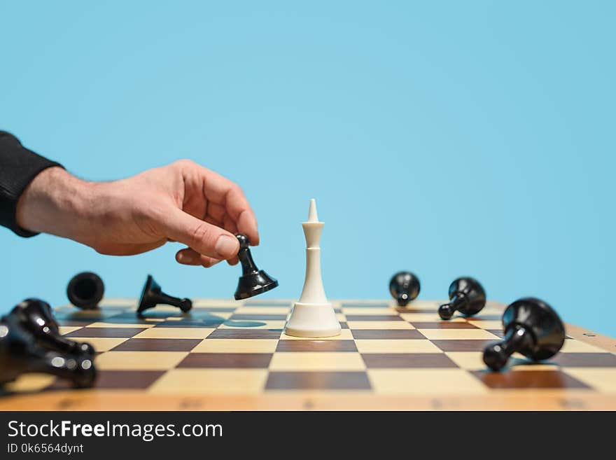 Ladies First. Chess board and game concept. Business ideas, competition, strategy and new ideas concept. Chess figures on blue background. Selective focus. Side view. Win, victory, winner concepts. Ladies First. Chess board and game concept. Business ideas, competition, strategy and new ideas concept. Chess figures on blue background. Selective focus. Side view. Win, victory, winner concepts