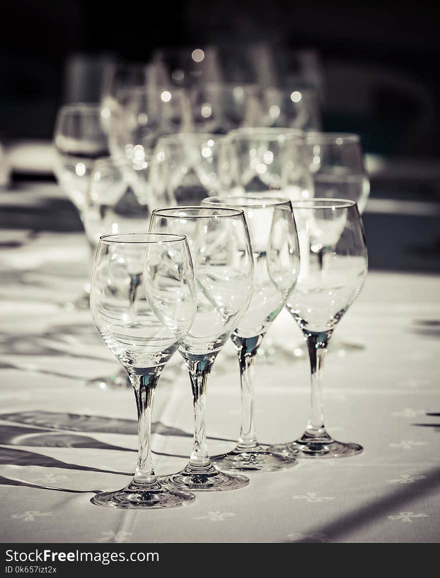 CloseUp on collection of pure, empty glasses for water or wine