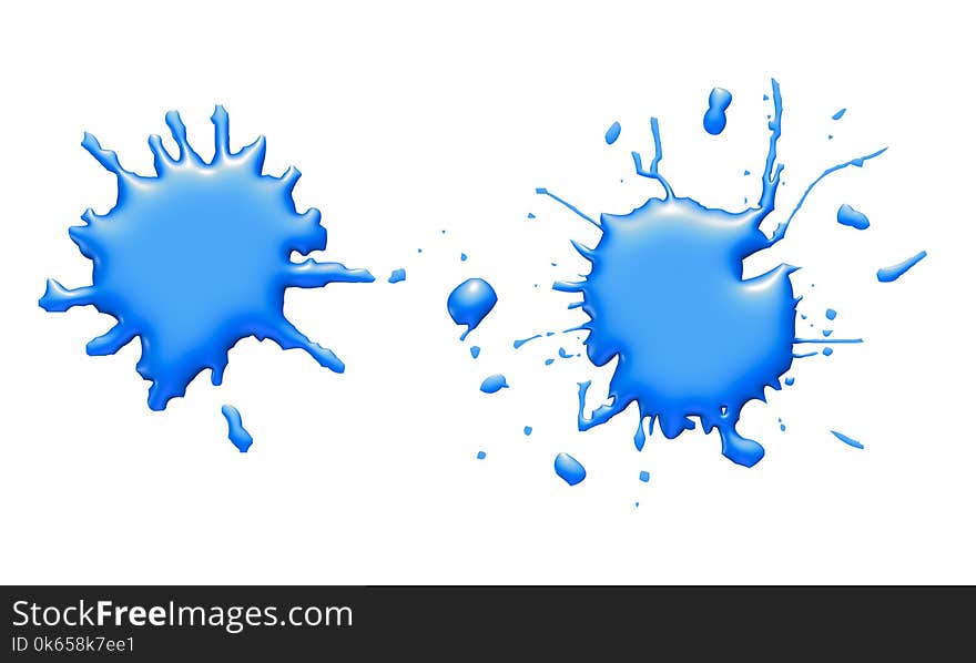 Ink splashes and drops with 3d effect, gloss paint, blue color, 3d illustration. Ink splashes and drops with 3d effect, gloss paint, blue color, 3d illustration