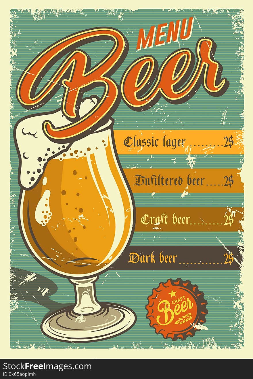 Beer grunge poster with glass of beer and creative typography. Colorful vector illustration menu template. Beer grunge poster with glass of beer and creative typography. Colorful vector illustration menu template.