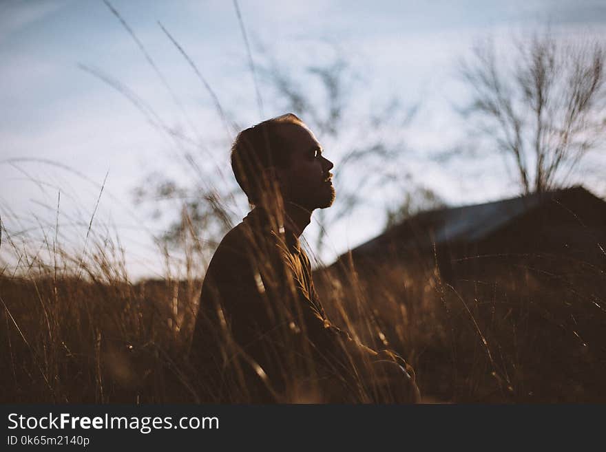 Silhouette of Man Sitting on Grass Field at Daytime