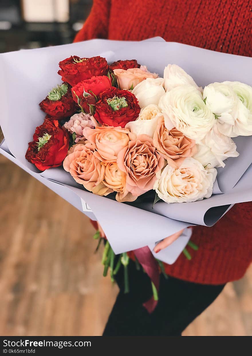 Red, Peach, and White Roses Bouquet