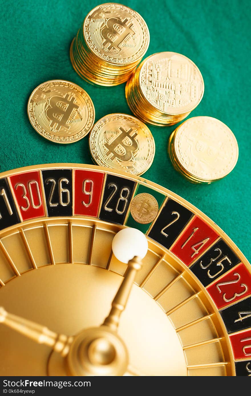 White ball on Bitcoin on roulette casino. White ball on Bitcoin on roulette casino