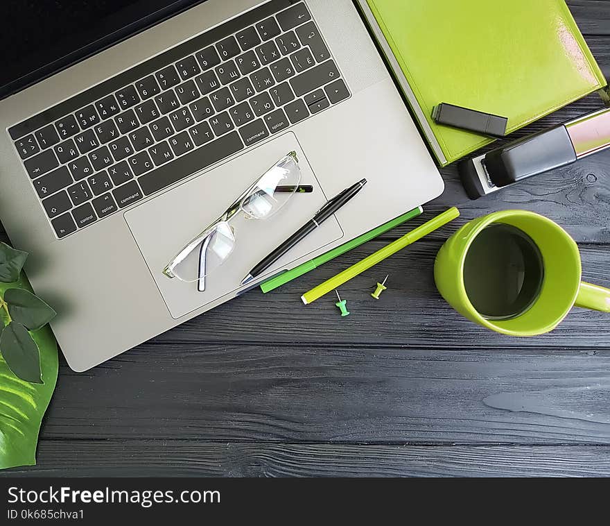 Desktop laptop coffee cup keyboard top view wooden office concept background workplace. Desktop laptop coffee cup keyboard top view wooden office concept background workplace