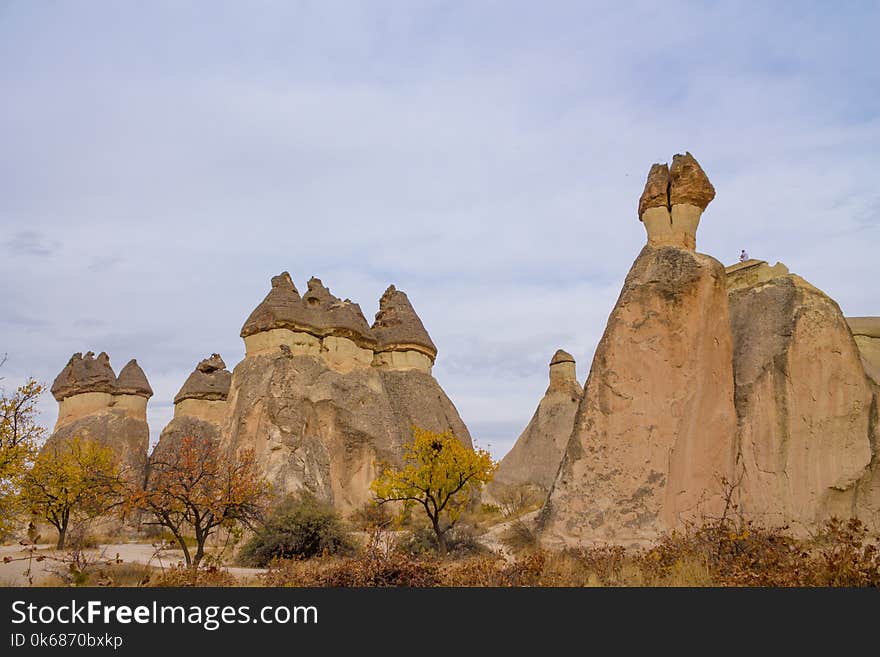 Cone-shaped rock formation autumn landscape in Cappadocia, Turkey