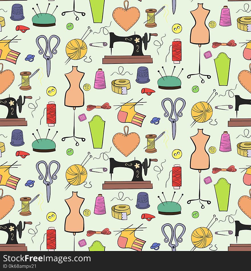 Seamless pattern of knitting, sewing and needlework colorful icons on the light background. Seamless pattern of knitting, sewing and needlework colorful icons on the light background.