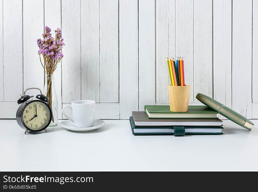 Education Workspace Background Concepts With White Wooden Vintage Wall. Back To School Concepts