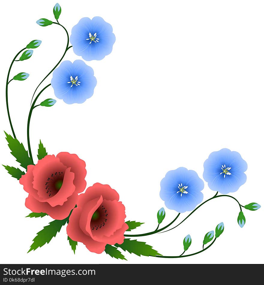 Corner with flowers of blue flax and poppies, beautiful illustration. Corner with flowers of blue flax and poppies, beautiful illustration.