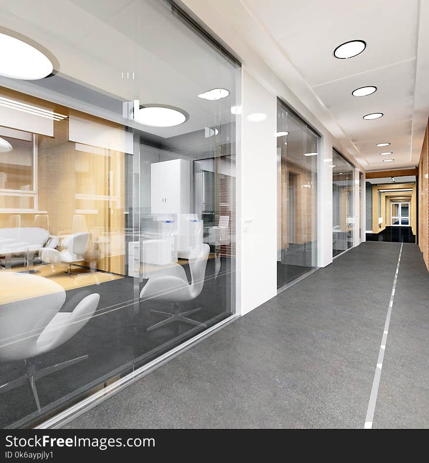 Corridor of modern office 3D visualization