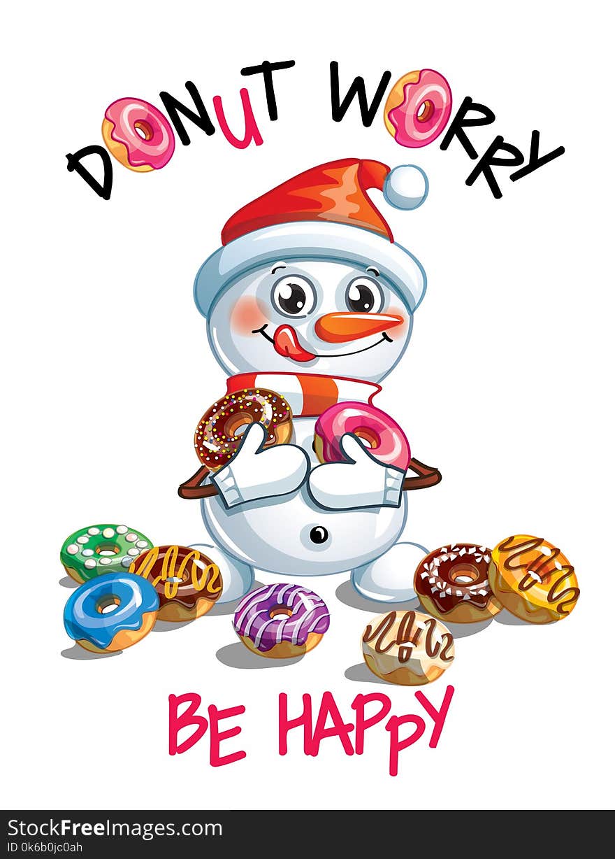 Vector Illustration Of Cartoon Snowman With Donuts