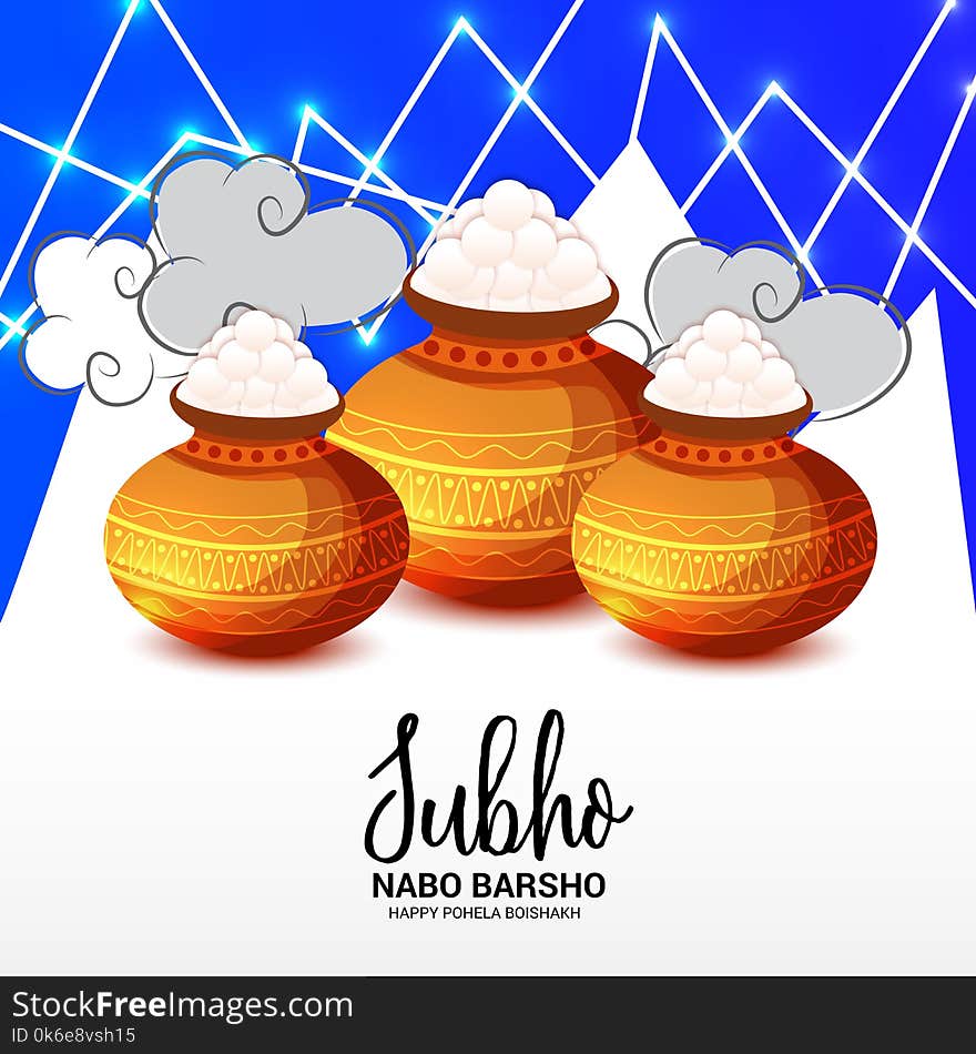 Illustration of a Background for Bengali New Year Subho Nabo BarshoHappy Pohela Boishakh a mud pot fill with rasgulla.