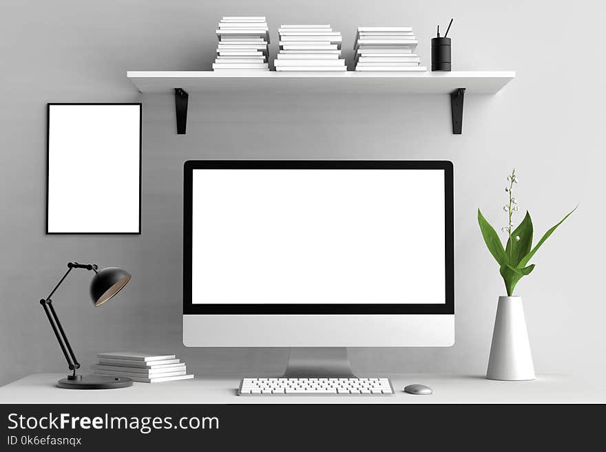 Modern workspace, computer screen and frame mock up. 3D illustrating