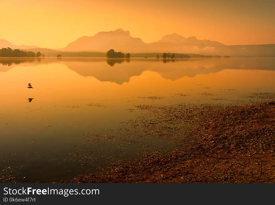 Landscape of the lake with foggy morning. Landscape of the lake with foggy morning