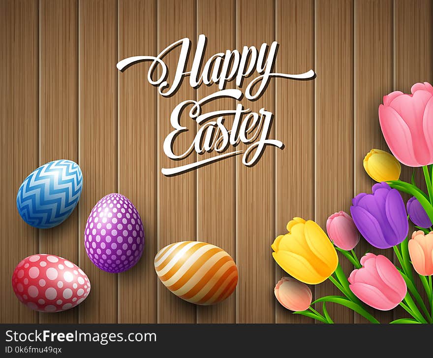 Happy Easter colorful egg with tulips flower beautifully above wooden brown background