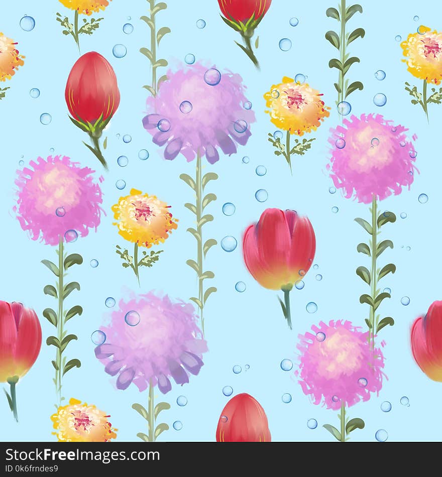 Floral Pattern Of Picturesque Asters And Tulips And Water Drops