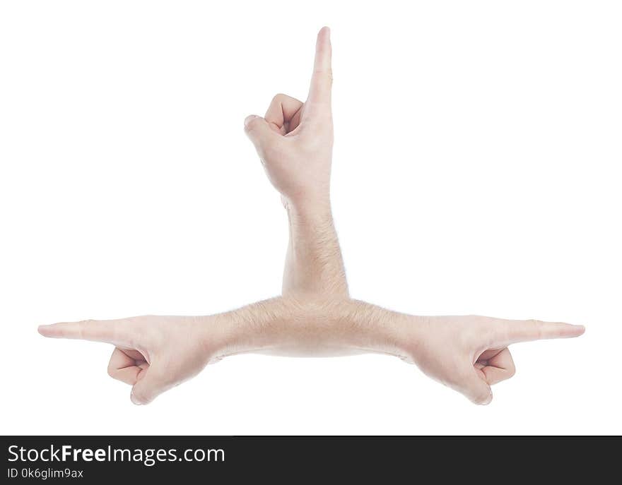 Abstract hand pointing or showing with finger in three directions isolated