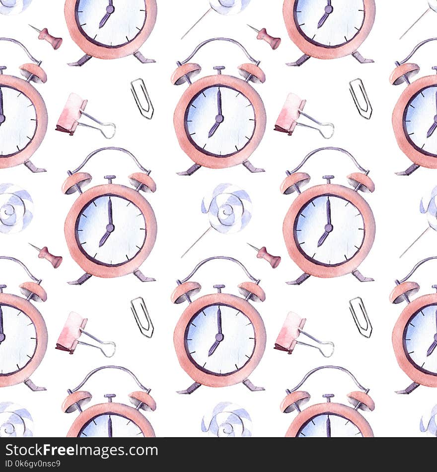 Hand drawn watercolor illustration seamless pattern painted alarm clock back to school lollipop candy paper clip stationery white background