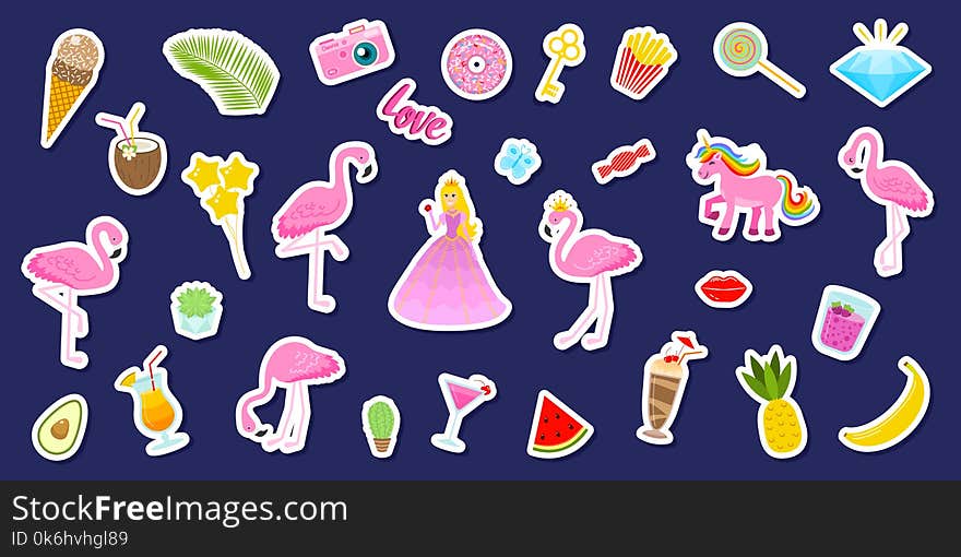 Set of girls fashion cute patches, fun stickers, badges, pins and stickers. Collection different elements. Princess and flamingos, unicorn, milkshakes, candy for notebook. Vector trendy illustration