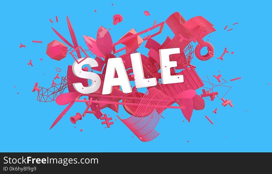 Colorful advertising card or web-banner with word Sale as a part of trendy composition, high resolution 3D render. Colorful advertising card or web-banner with word Sale as a part of trendy composition, high resolution 3D render