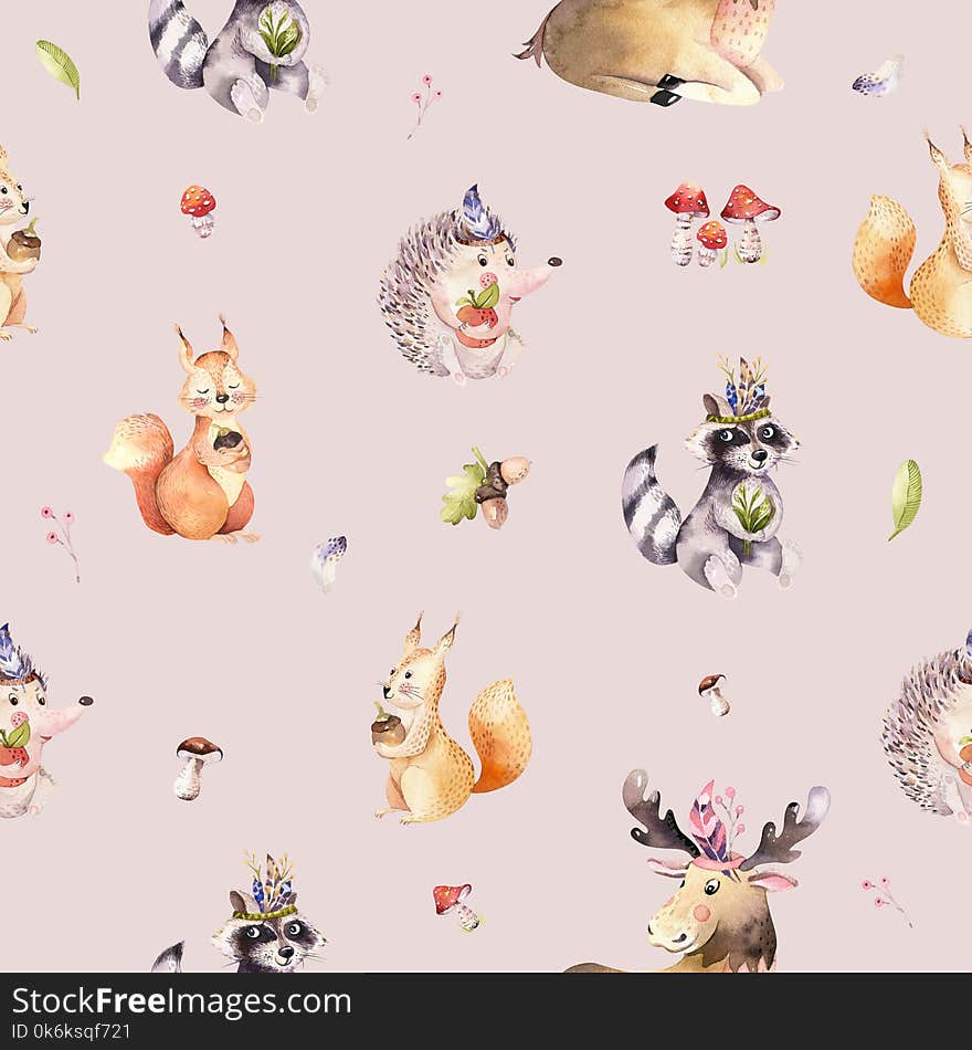 Watercolor seamless pattern of cute baby cartoon hedgehog, squirrel and moose animal for nursary, woodland forest