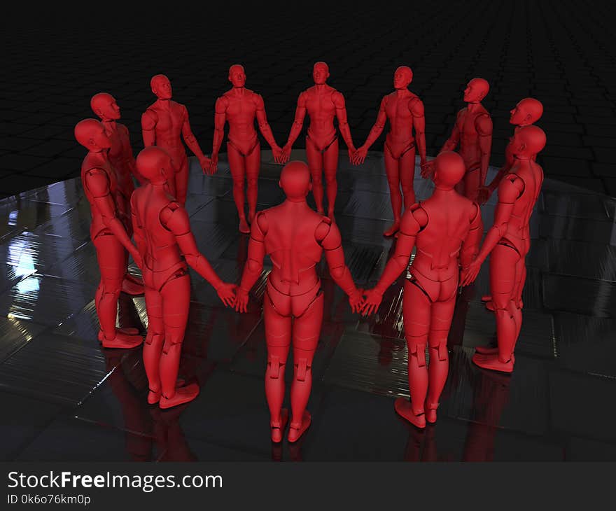 3D render illustration of multiple red androids holding hands. The composition is isolated on a dark reflective background. 3D render illustration of multiple red androids holding hands. The composition is isolated on a dark reflective background.