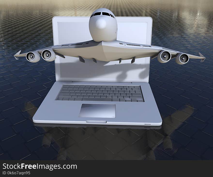 3D render illustration of the concept of registering for a plane flight using a laptop. The composition is isolated on a carbon fiber background. 3D render illustration of the concept of registering for a plane flight using a laptop. The composition is isolated on a carbon fiber background.