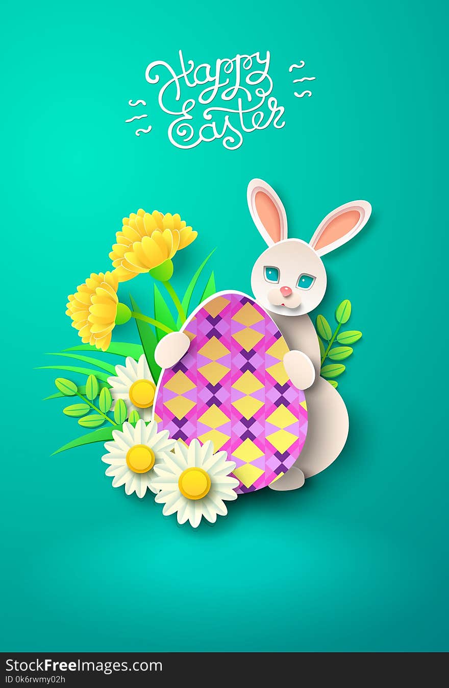 Papercut Happy Easter card With Rabbit, eggs And Flover. Vector illustration. Papercut Happy Easter card With Rabbit, eggs And Flover. Vector illustration