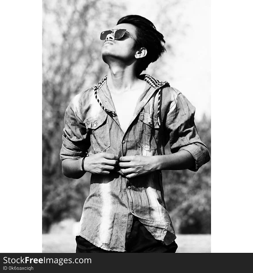 Grayscale Photography of Man Wearing Sunglasses and Dress Shirt