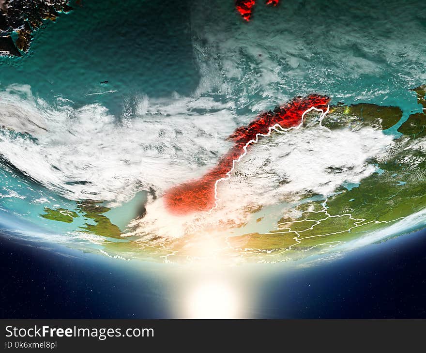 Norway from orbit of planet Earth in sunrise with highly detailed surface textures and visible country borders. 3D illustration. Elements of this image furnished by NASA. Norway from orbit of planet Earth in sunrise with highly detailed surface textures and visible country borders. 3D illustration. Elements of this image furnished by NASA.